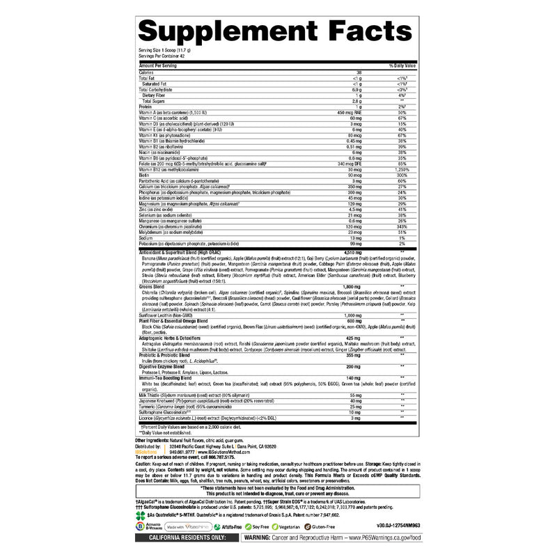 Supplement Facts Label - Solutions Greens - Dietary Supplement - Berry Flavor - IB Solutions Method