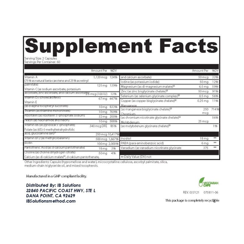 Solutions Daily without Iron - Supplement Facts - IB Solutions